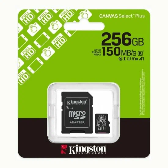 Карта памяти MicroSDXC 256 Гб Kingston Class 10 Canvas Select Plus A1 U1 V10  (150 Mb/s) + SD адаптер