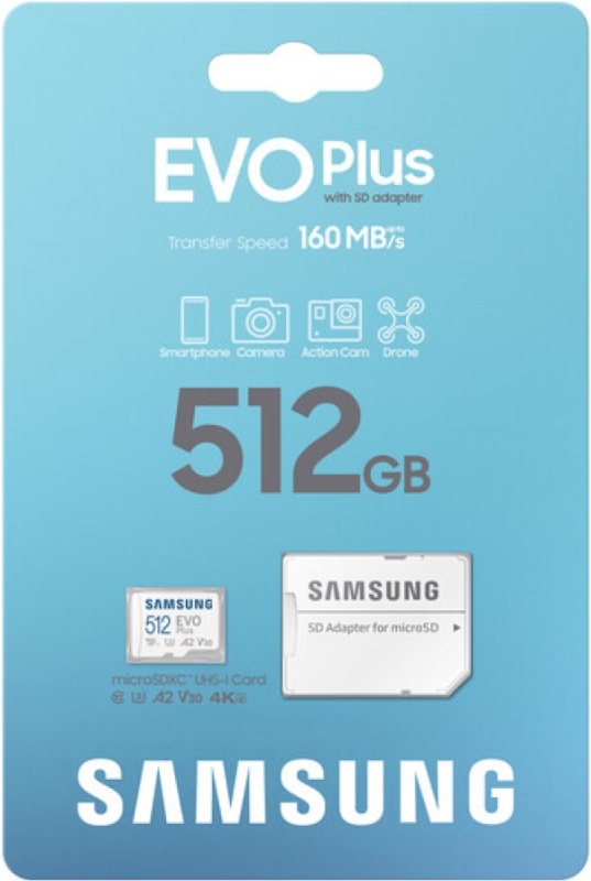 Карта памяти MicroSDXC 512 Гб Samsung Class 10 Evo Plus A2 V30 U3 (R/W 160/90 MB/s) + SD адаптер